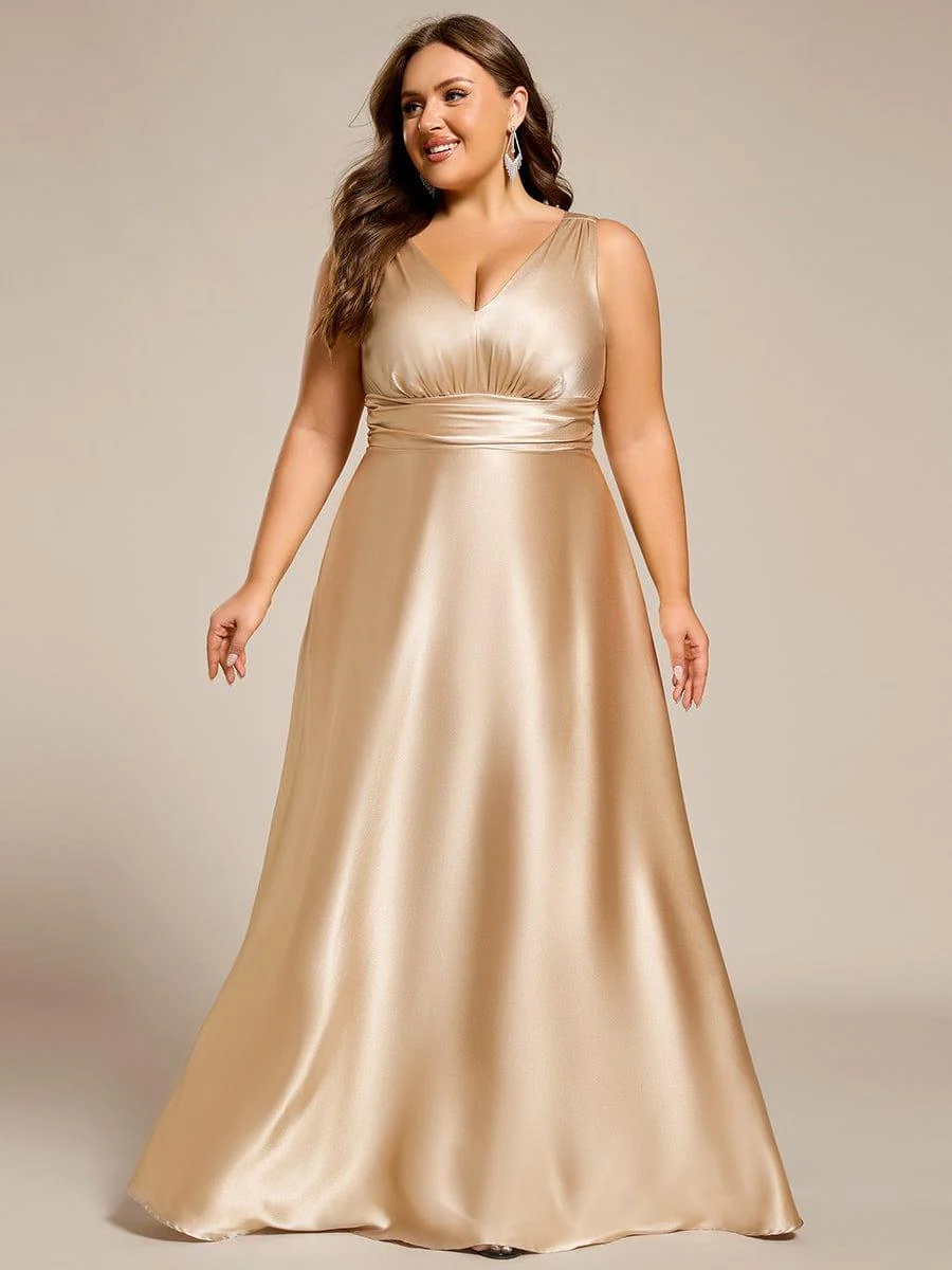 pretty INDY|Plus Size Sleeveless Empire Waist Satin Maxi Bridesmaid Dress With Pockets - Image 3