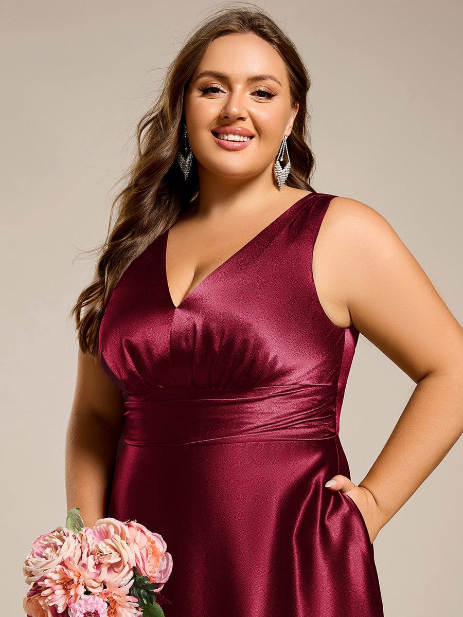 pretty INDY|Plus Size Sleeveless Empire Waist Satin Maxi Bridesmaid Dress With Pockets - Image 35