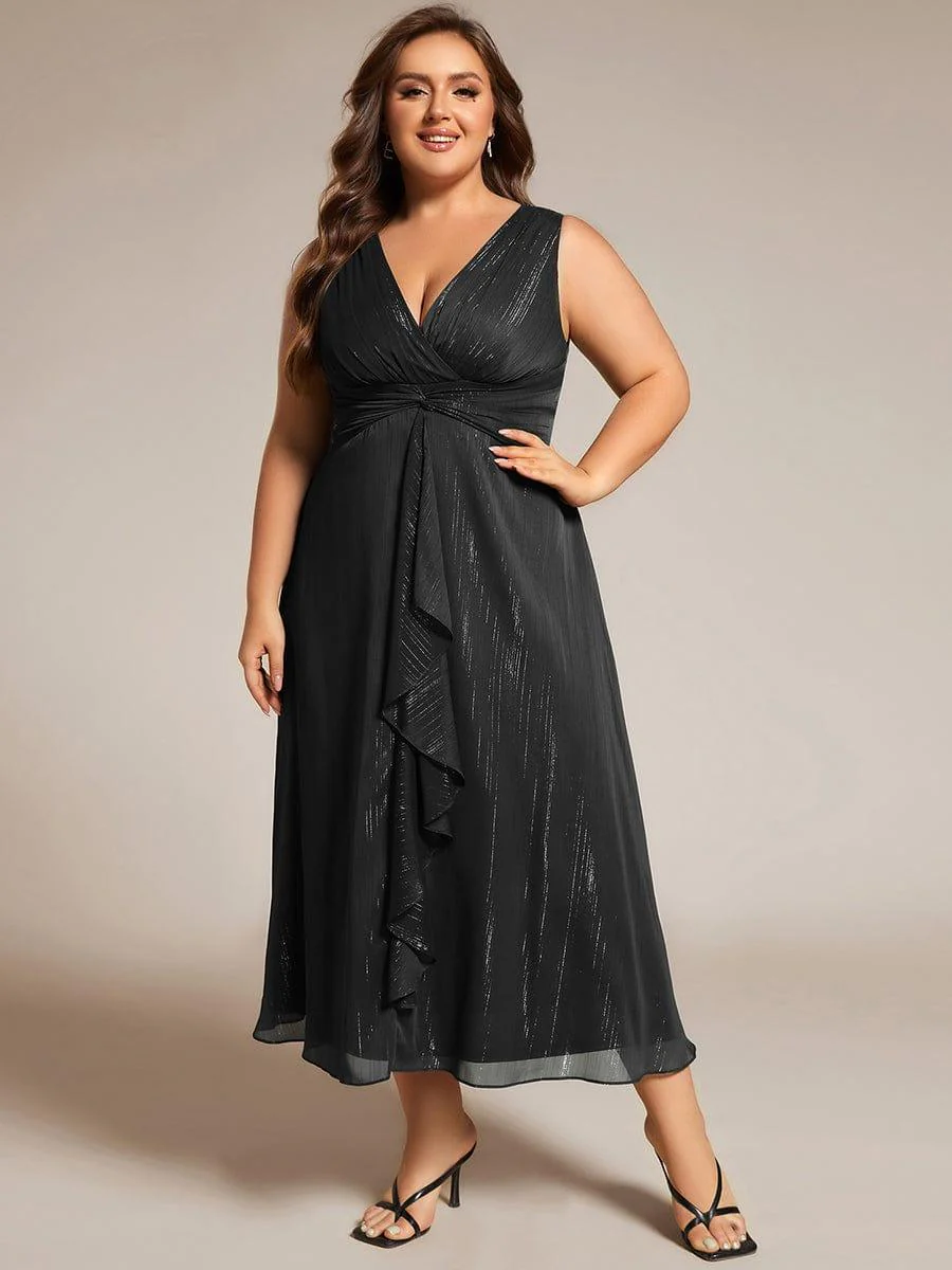 pretty MEI|Plus Size Sleeveless Twist Knot Lotus Leaf Shimmering Wedding Guest Dress(Final Sale) - Image 14