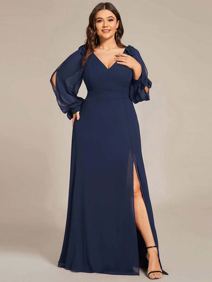 pretty IVORY|Plus Size Split Long Sleeve V-Neck Bridesmaid Dress - Image 35