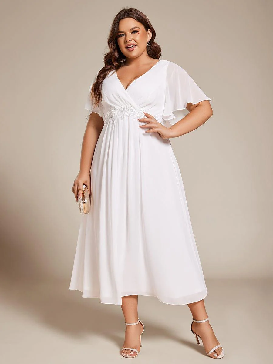 pretty DAHLIA|Plus Size V-Neck Chiffon Midi Wedding Guest Dress with Waist Applique (Final Sale) - Image 31