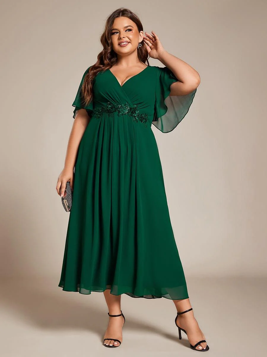 pretty DAHLIA|Plus Size V-Neck Chiffon Midi Wedding Guest Dress with Waist Applique (Final Sale) - Image 37