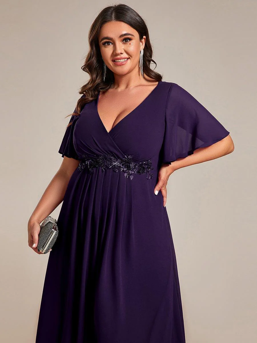 pretty DAHLIA|Plus Size V-Neck Chiffon Midi Wedding Guest Dress with Waist Applique (Final Sale) - Image 40