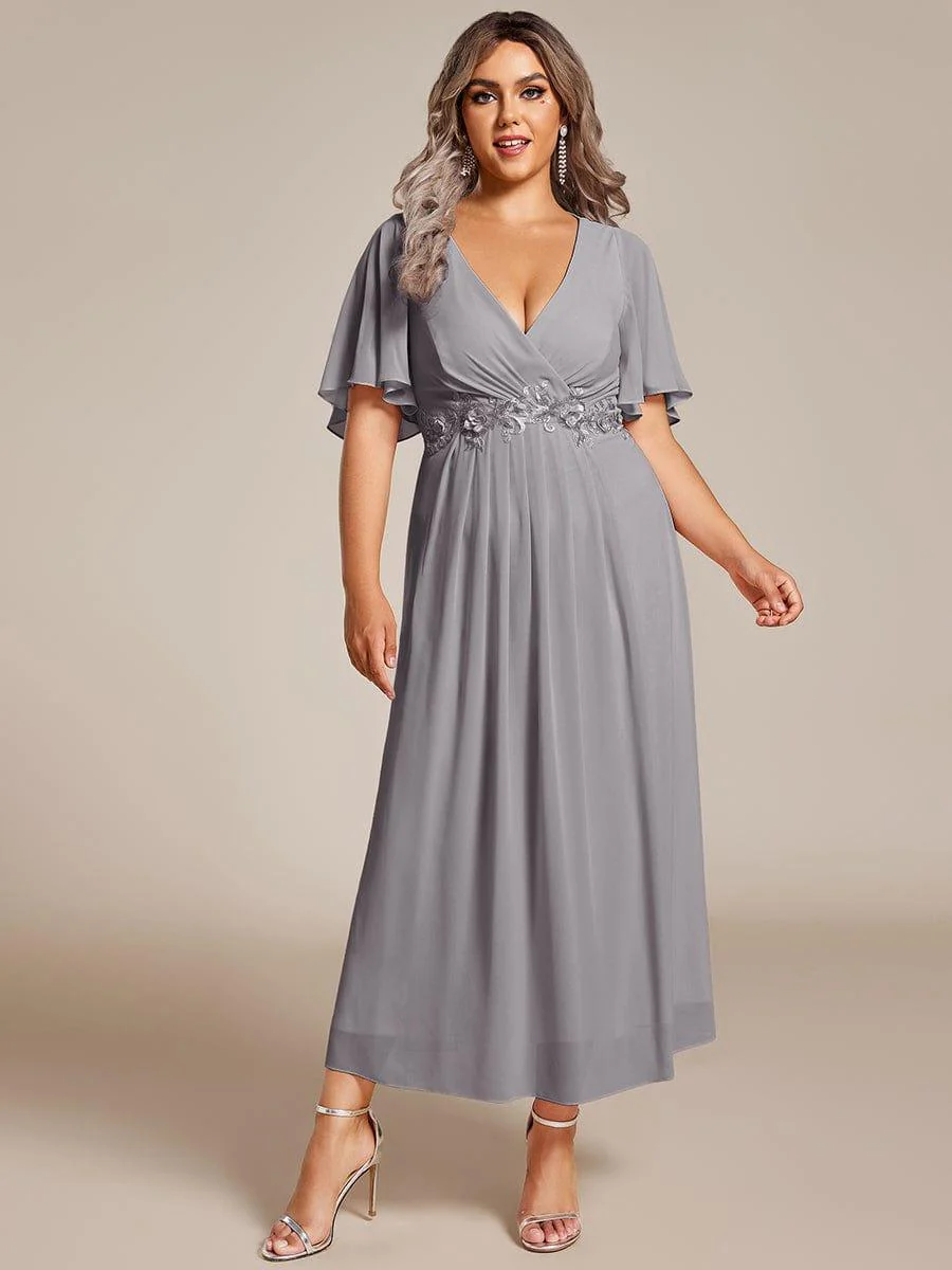 pretty DAHLIA|Plus Size V-Neck Chiffon Midi Wedding Guest Dress with Waist Applique (Final Sale) - Image 43