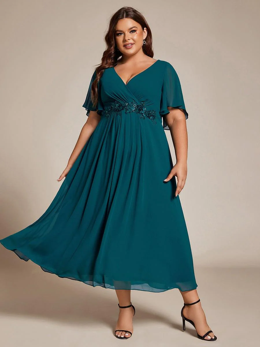 pretty DAHLIA|Plus Size V-Neck Chiffon Midi Wedding Guest Dress with Waist Applique (Final Sale) - Image 61