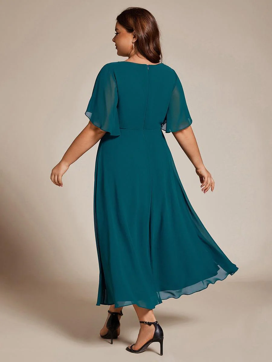 pretty DAHLIA|Plus Size V-Neck Chiffon Midi Wedding Guest Dress with Waist Applique (Final Sale) - Image 62