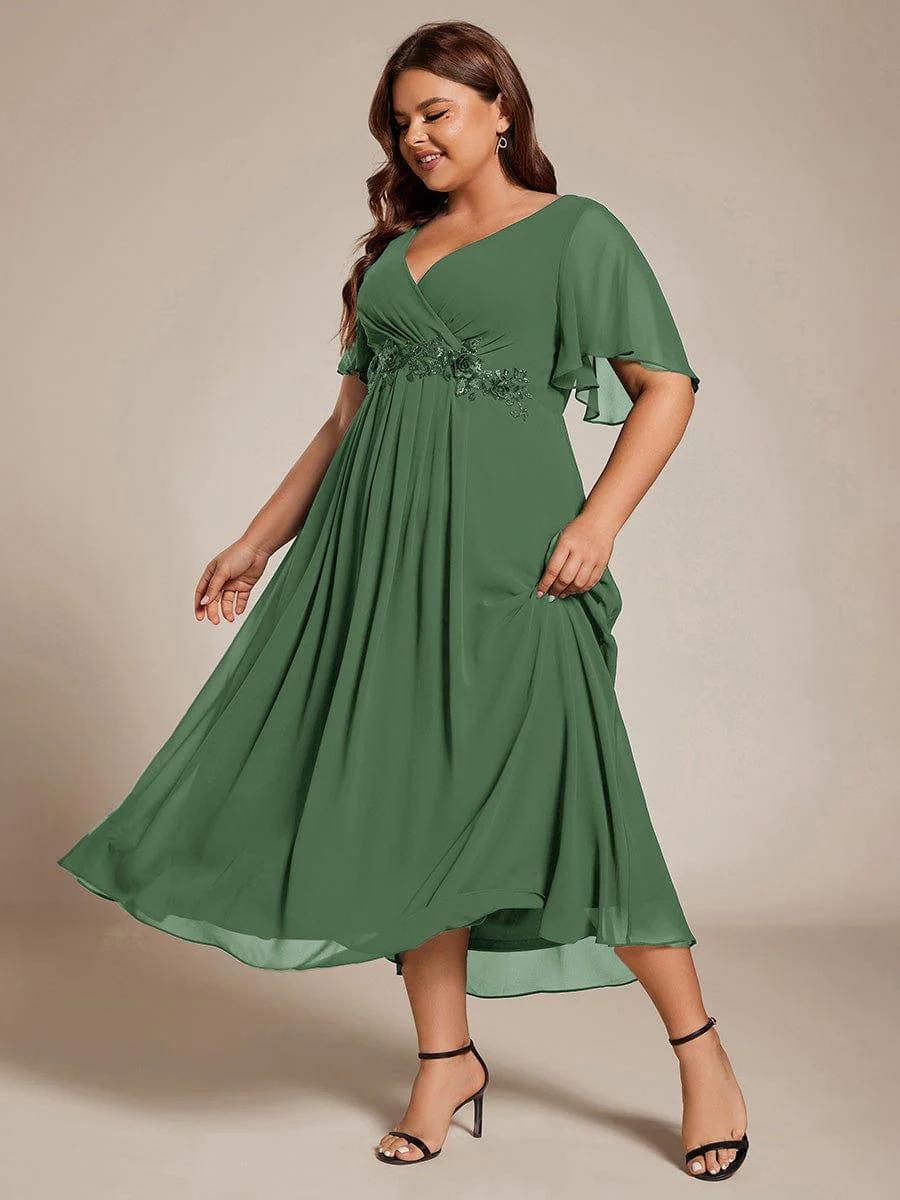pretty DAHLIA|Plus Size V-Neck Chiffon Midi Wedding Guest Dress with Waist Applique (Final Sale) - Image 70