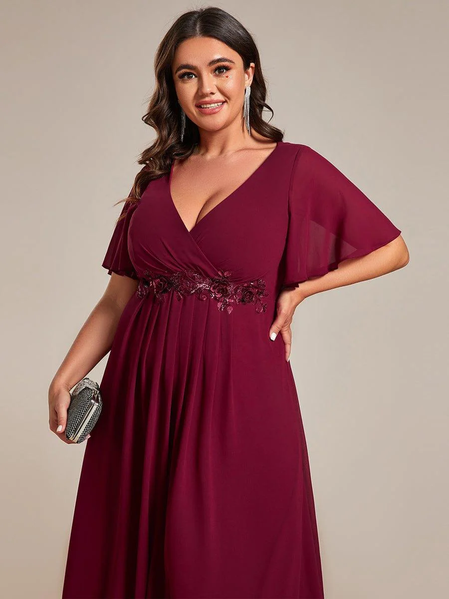 pretty DAHLIA|Plus Size V-Neck Chiffon Midi Wedding Guest Dress with Waist Applique (Final Sale) - Image 8
