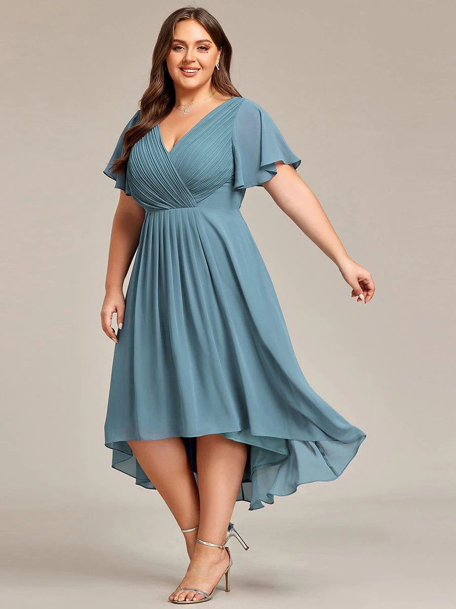 pretty FAYE|Plus Size V-Neck High-Low Chiffon Wedding Guest Dress - Image 64