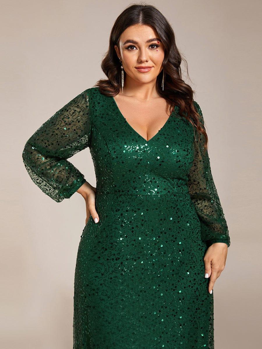 pretty RAYVEN|Plus Size V-Neck Lantern Long Sleeve Sequin A-Line Evening Dress - Image 10