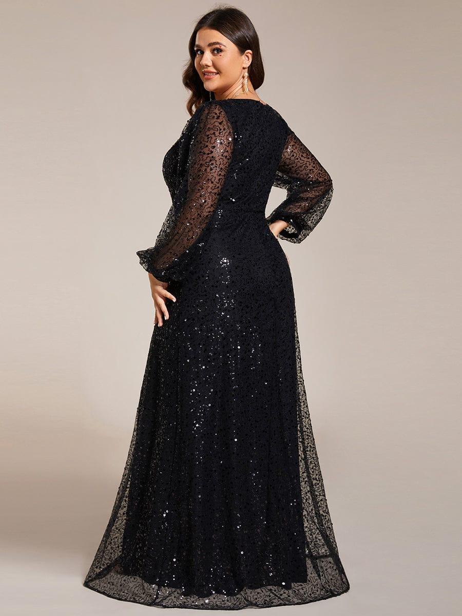 pretty RAYVEN|Plus Size V-Neck Lantern Long Sleeve Sequin A-Line Evening Dress - Image 2