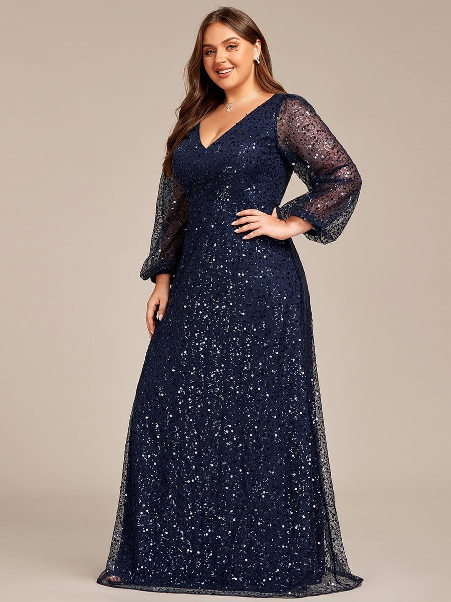 pretty RAYVEN|Plus Size V-Neck Lantern Long Sleeve Sequin A-Line Evening Dress - Image 20