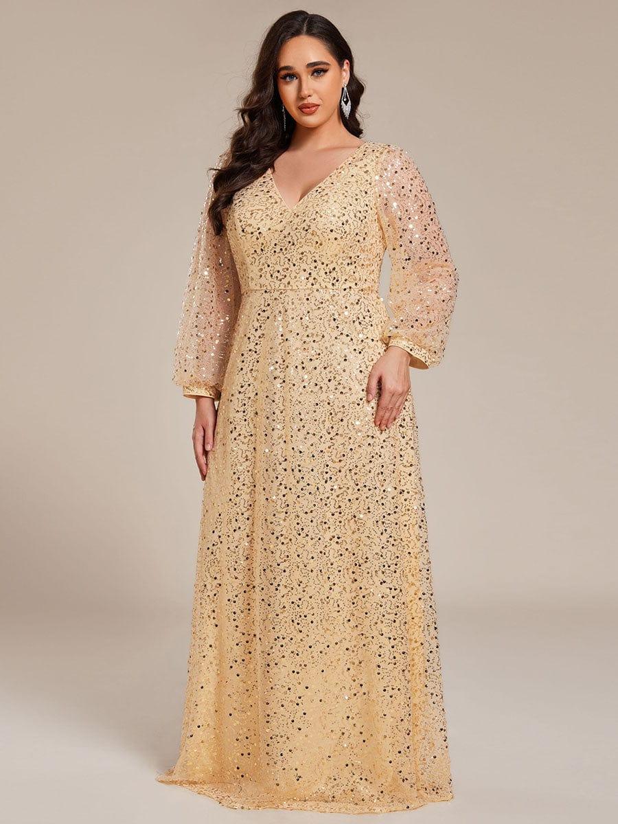 pretty RAYVEN|Plus Size V-Neck Lantern Long Sleeve Sequin A-Line Evening Dress - Image 24