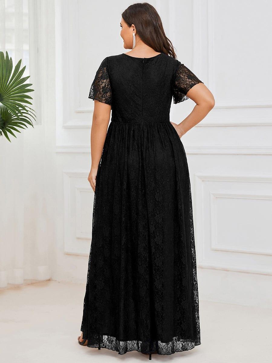 pretty ELISE|Plus Size V-Neck Short Sleeve Pleated Ruffled Lace Evening Dress - Image 2