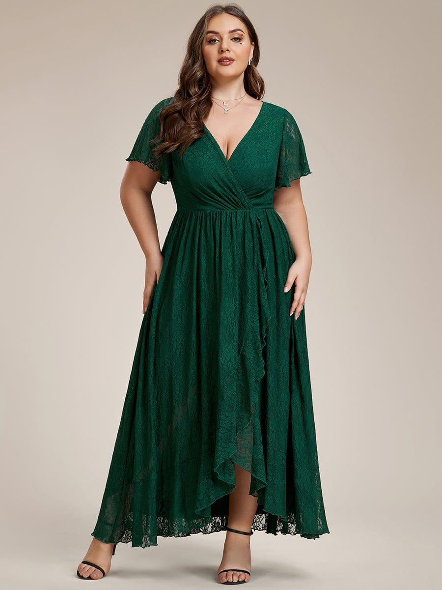 pretty ELISE|Plus Size V-Neck Short Sleeve Pleated Ruffled Lace Evening Dress - Image 32