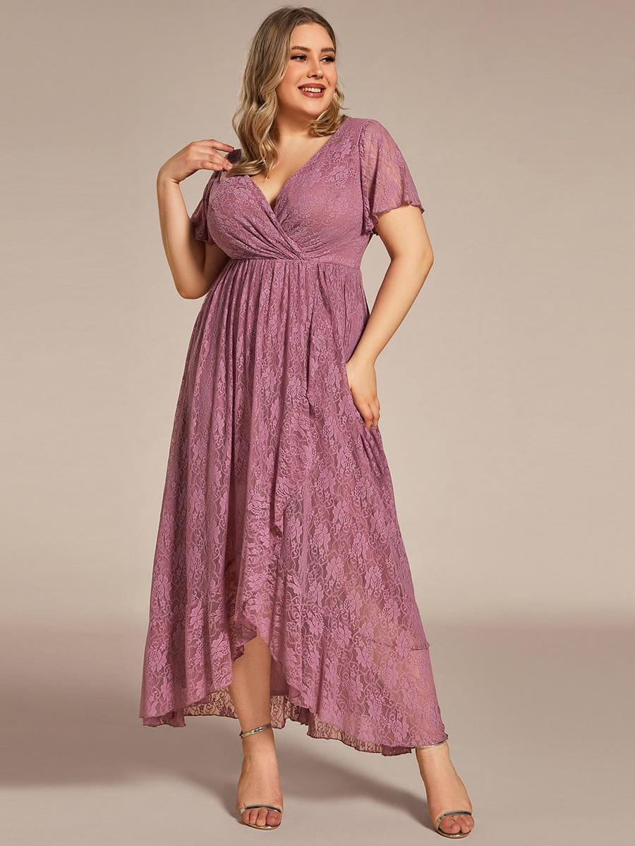 pretty ELISE|Plus Size V-Neck Short Sleeve Pleated Ruffled Lace Evening Dress - Image 47
