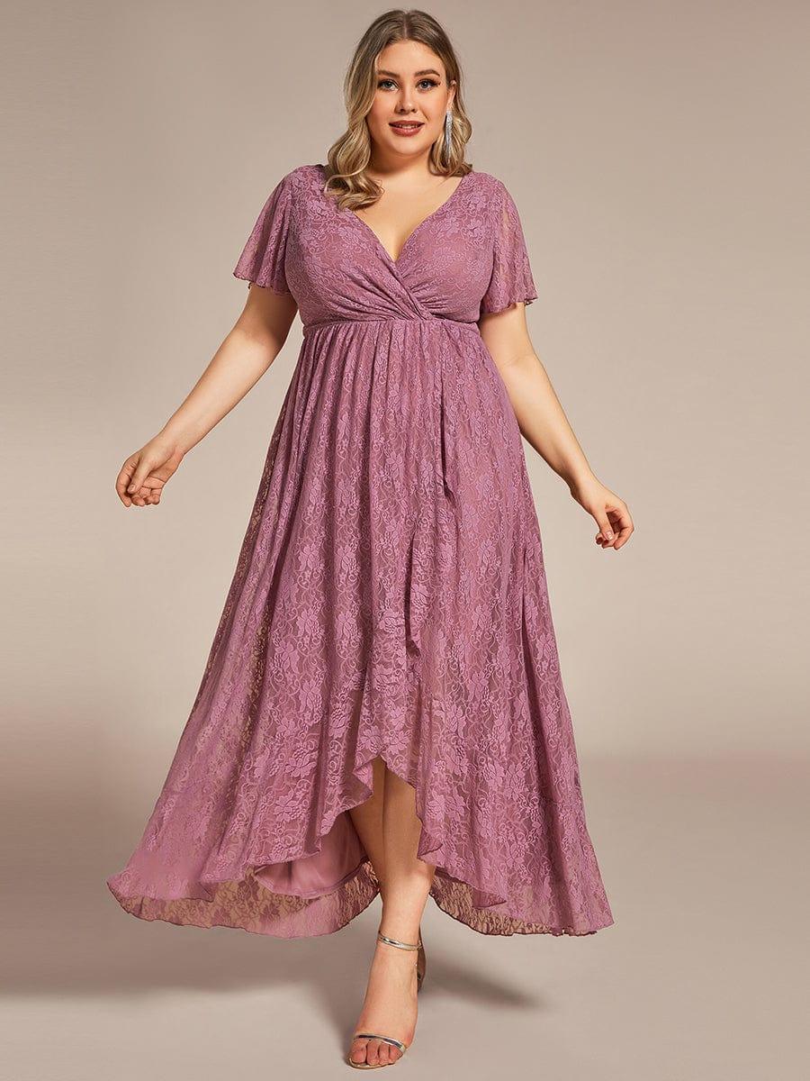 pretty ELISE|Plus Size V-Neck Short Sleeve Pleated Ruffled Lace Evening Dress - Image 51