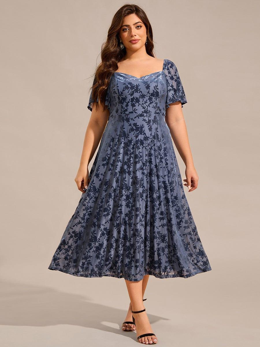 pretty BLOOM|Plus Size Velvet Short Sleeve Tea-Length Jacquard Wedding Guest Dress - Image 15