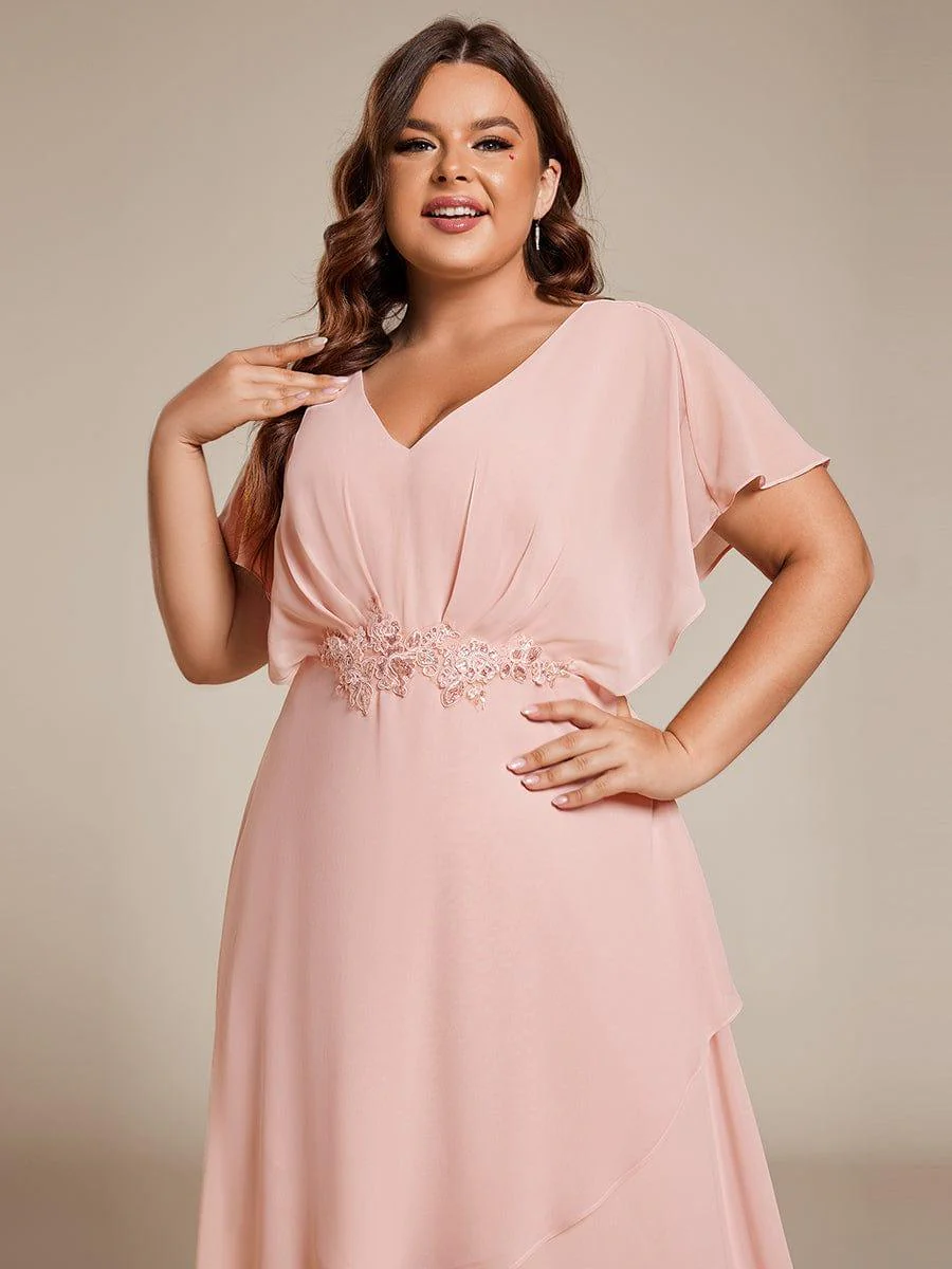 pretty LILAS|Plus Size Waist Applique A-Line Chiffon V-Neck Evening Dress - Image 13