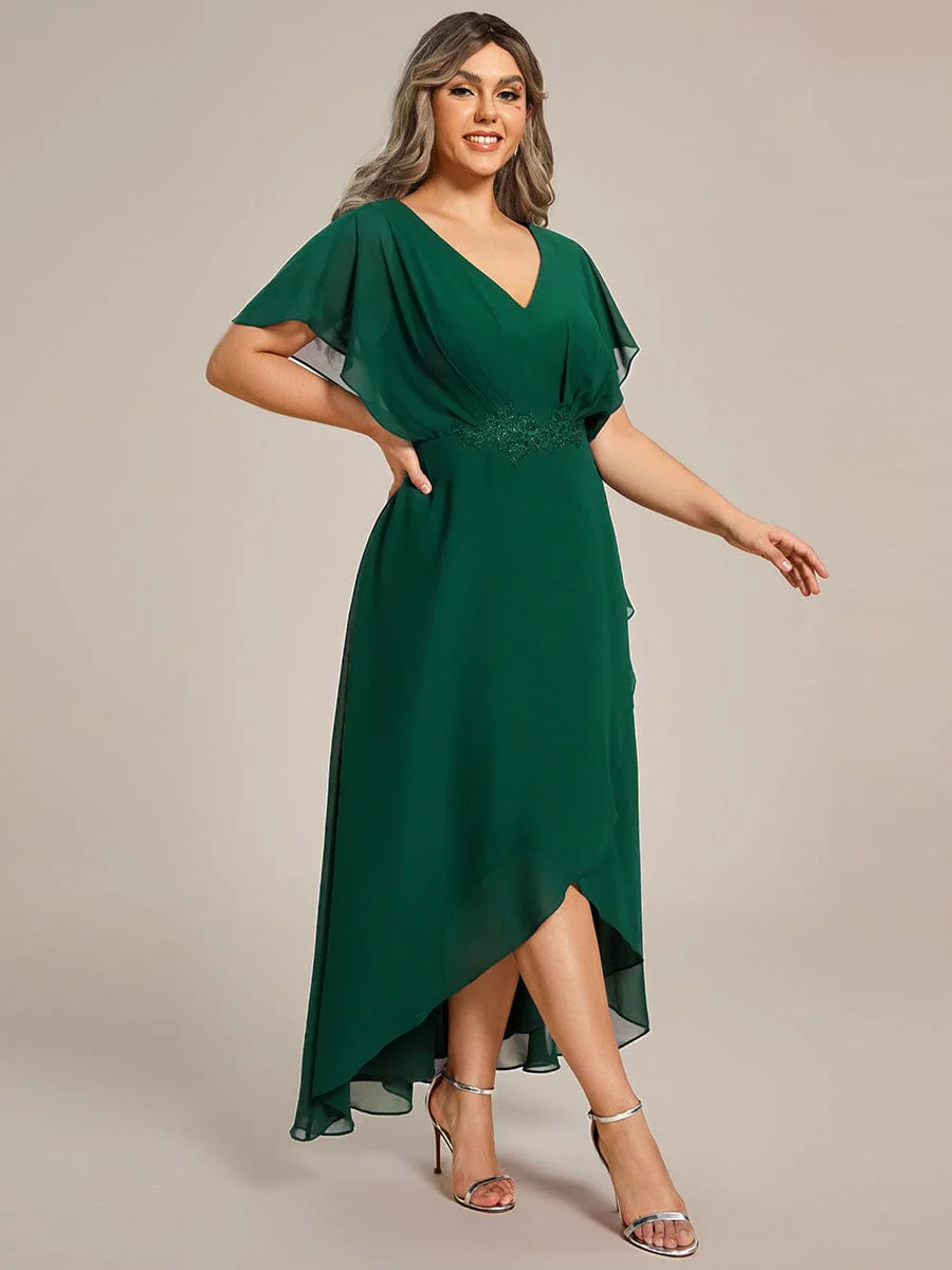 pretty LILAS|Plus Size Waist Applique A-Line Chiffon V-Neck Evening Dress - Image 48
