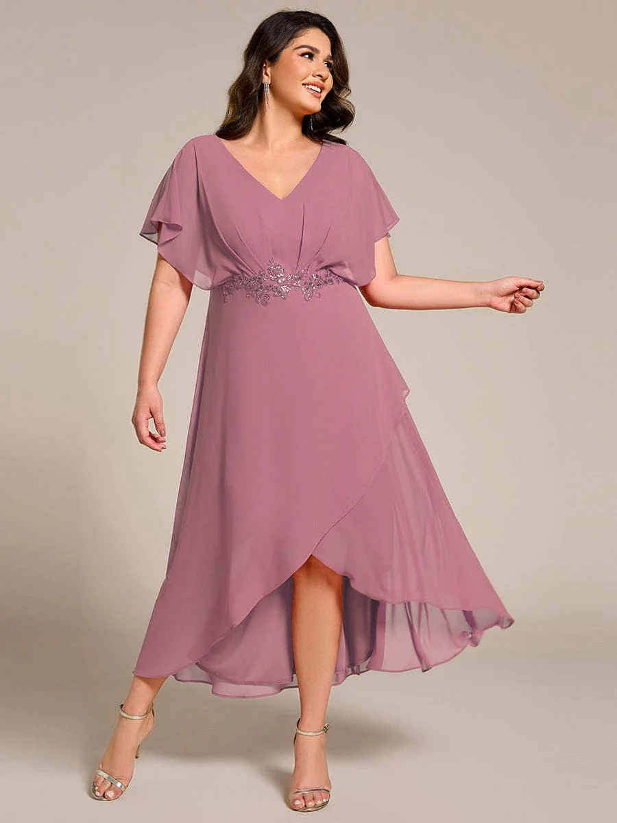 pretty LILAS|Plus Size Waist Applique A-Line Chiffon V-Neck Evening Dress - Image 51