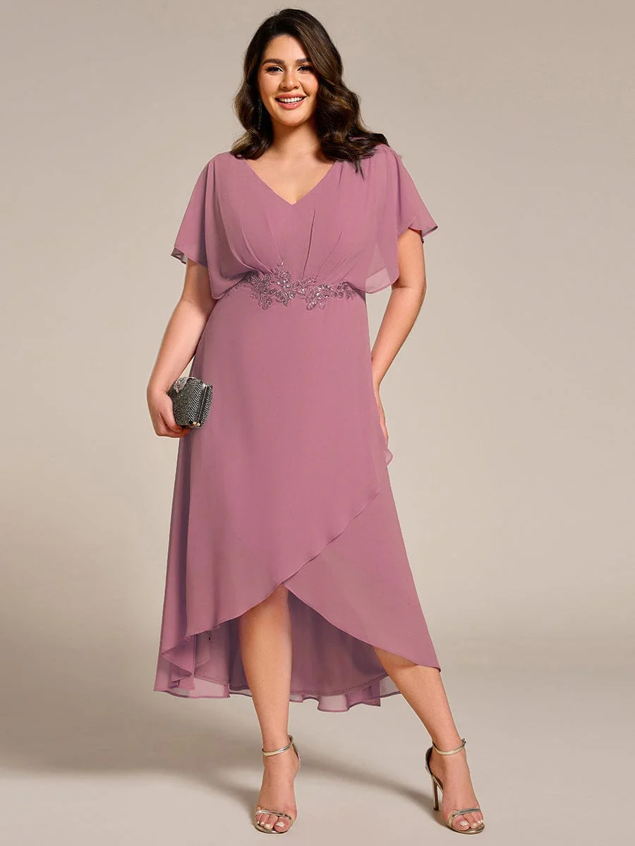 pretty LILAS|Plus Size Waist Applique A-Line Chiffon V-Neck Evening Dress - Image 54