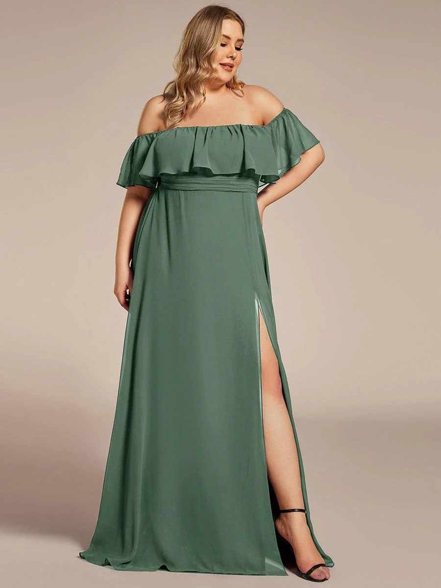 pretty ¨¦MILE|Plus Size Off-The-Shoulder Ruffle Thigh Split Bridesmaid Dress - Image 118
