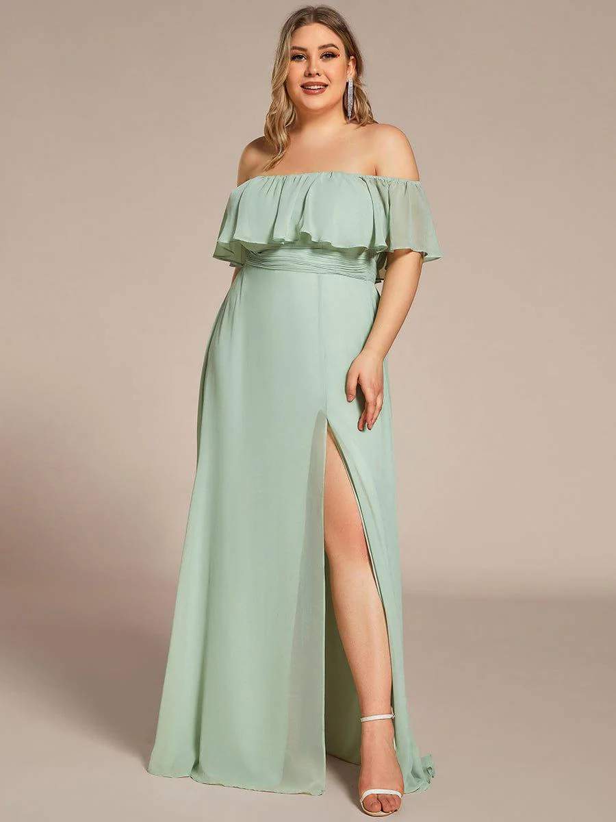 pretty ¨¦MILE|Plus Size Off-The-Shoulder Ruffle Thigh Split Bridesmaid Dress - Image 3
