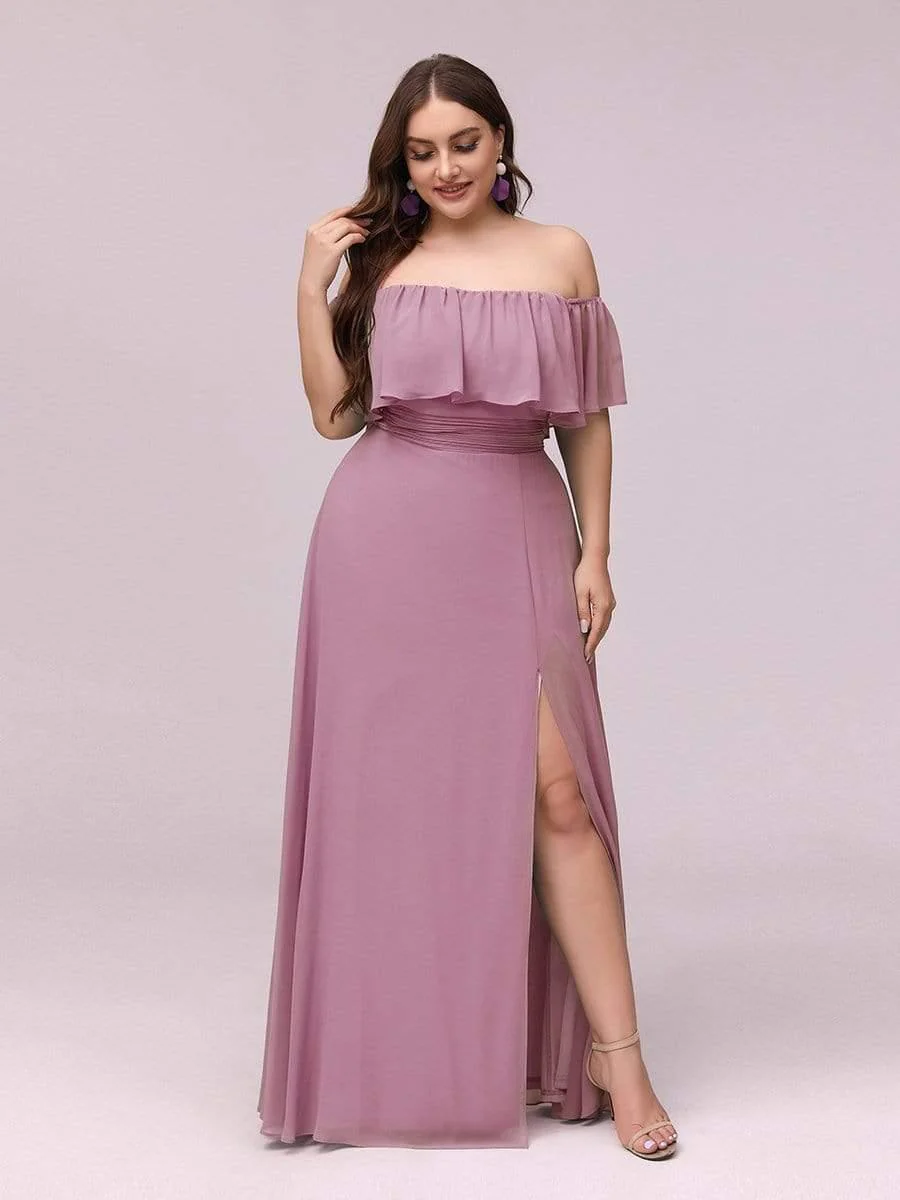 pretty ¨¦MILE|Plus Size Off-The-Shoulder Ruffle Thigh Split Bridesmaid Dress - Image 46