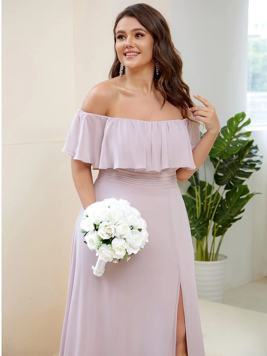 pretty ¨¦MILE|Plus Size Off-The-Shoulder Ruffle Thigh Split Bridesmaid Dress - Image 73