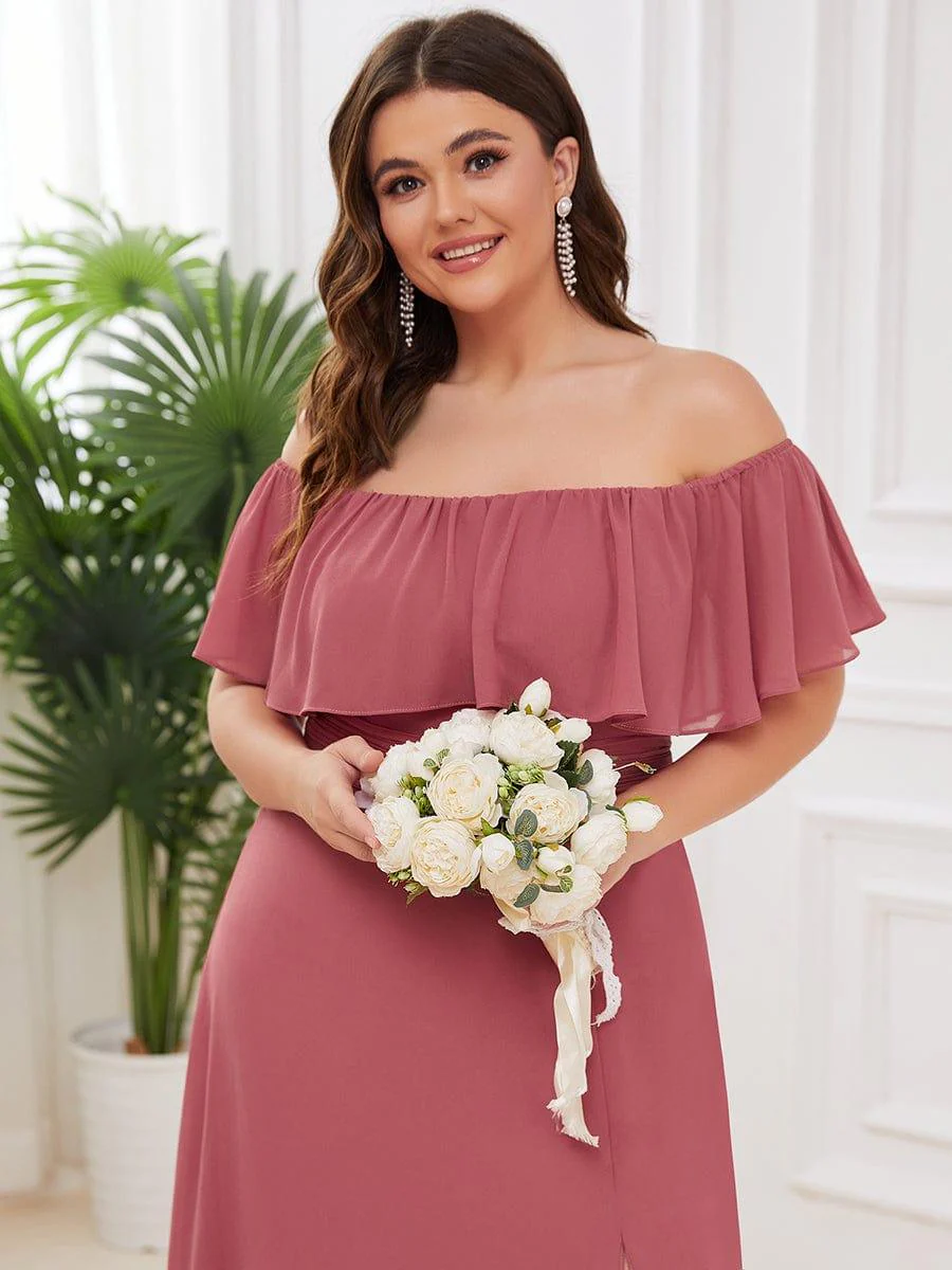 pretty ¨¦MILE|Plus Size Off-The-Shoulder Ruffle Thigh Split Bridesmaid Dress - Image 87