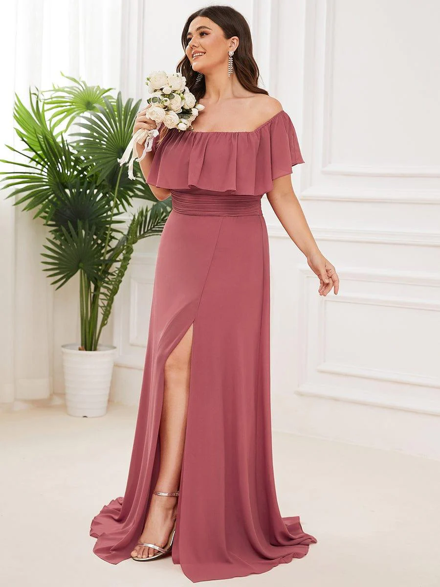 pretty ¨¦MILE|Plus Size Off-The-Shoulder Ruffle Thigh Split Bridesmaid Dress - Image 88