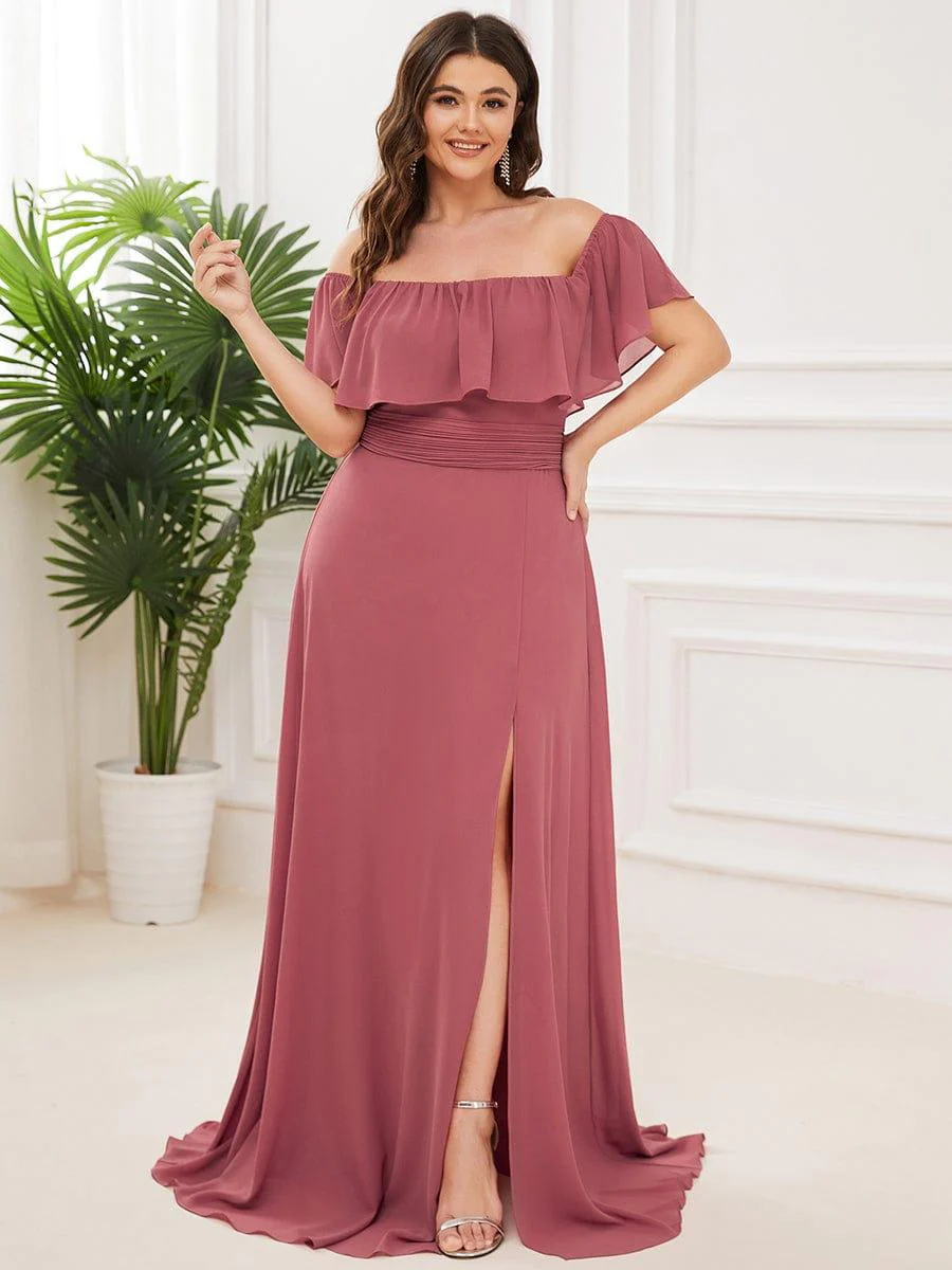 pretty ¨¦MILE|Plus Size Off-The-Shoulder Ruffle Thigh Split Bridesmaid Dress - Image 89