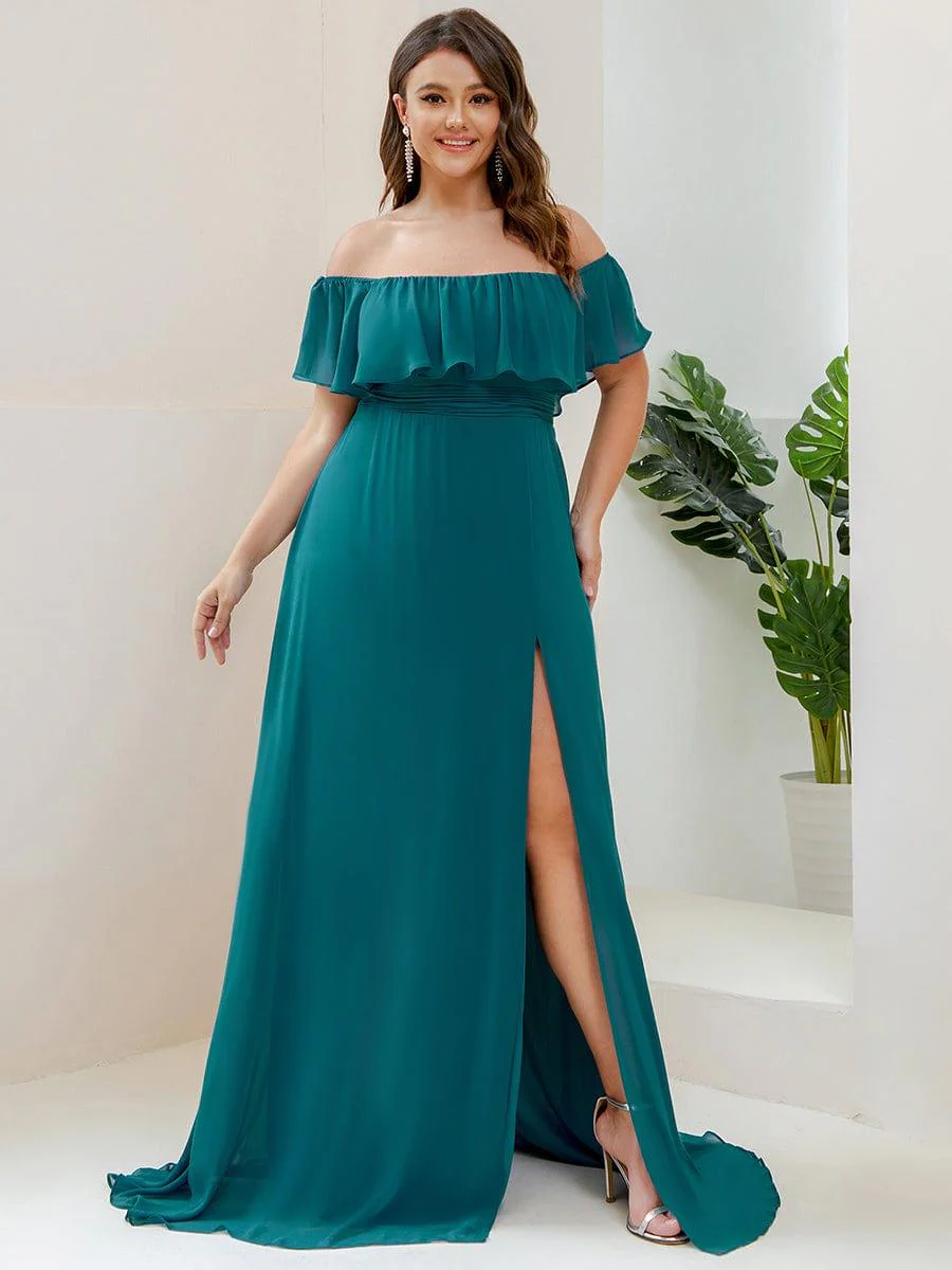 pretty ¨¦MILE|Plus Size Off-The-Shoulder Ruffle Thigh Split Bridesmaid Dress - Image 99