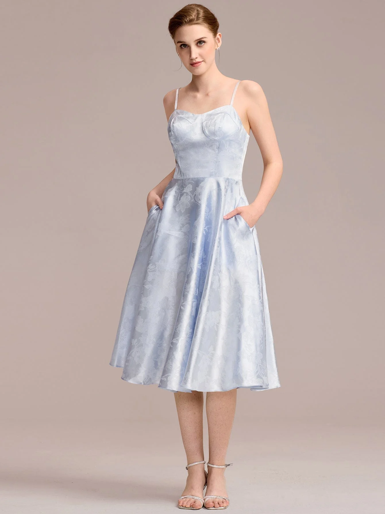 Floral Satin Sling Guest Dress with Pockets