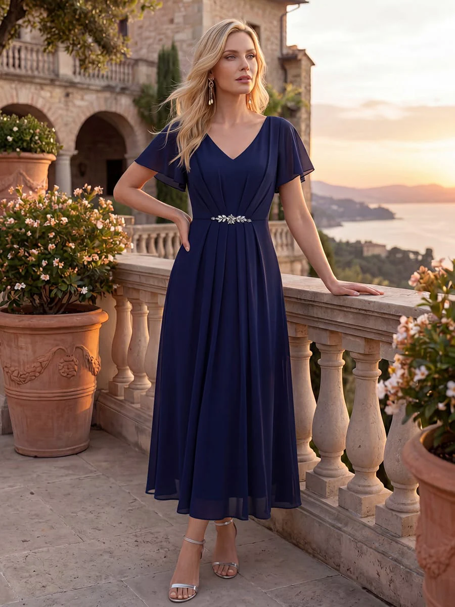 Rhinestone Embellished Chiffon Ruffle Sleeve Dress - Image 26