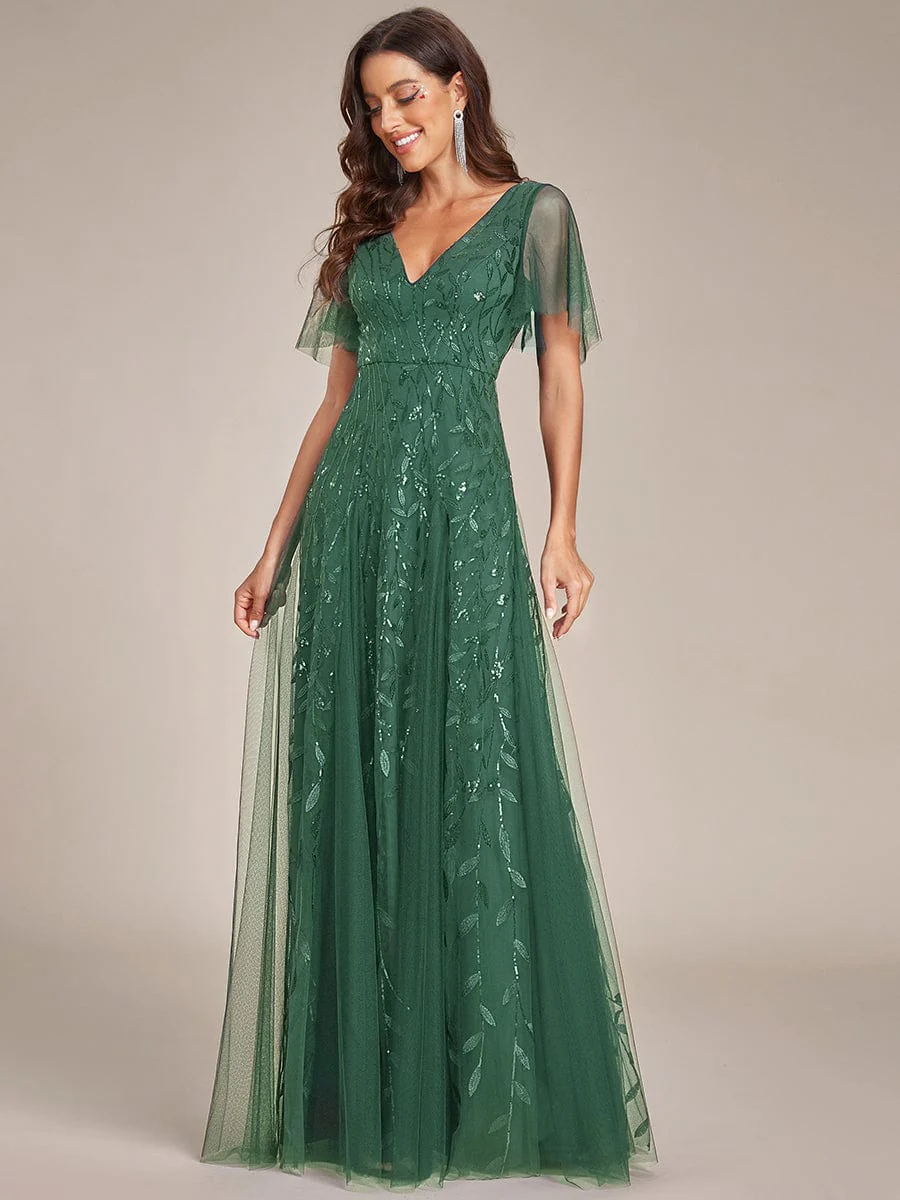 ever ASTRAL|Romantic Shimmery V Neck Ruffle Sleeves Maxi Long Evening Gowns - Image 166