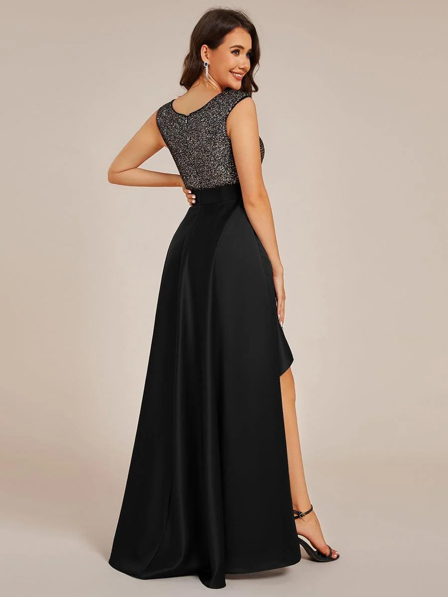 Round Neck Sequin Bodice High-Low Evening Dress With Satin Skirt - Image 2