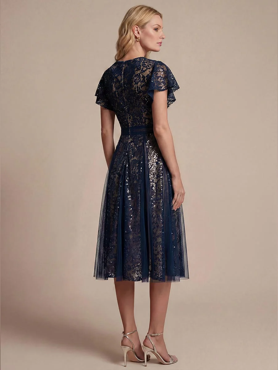 Elegant Lace Ruffle Sleeve Midi Dress Formal Wedding Guest Dress - Image 14
