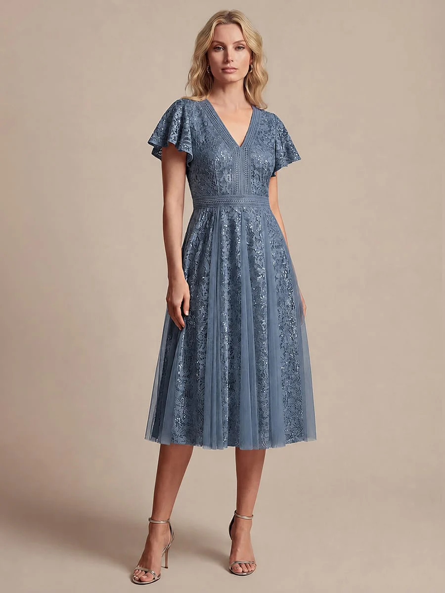 Elegant Lace Ruffle Sleeve Midi Dress Formal Wedding Guest Dress - Image 37