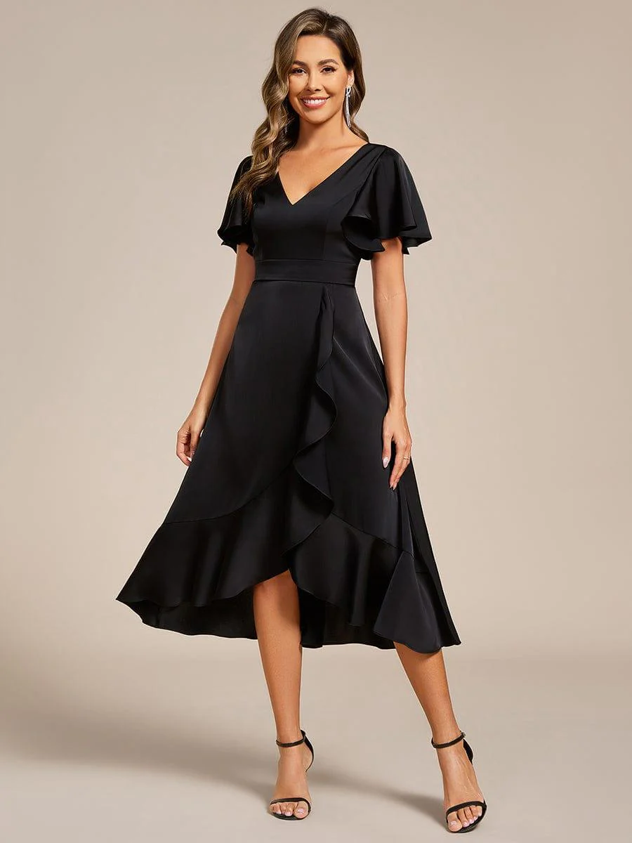 ever SAIGE|Ruffled V-neck Midi Satin Wedding Guest Dress - Image 24
