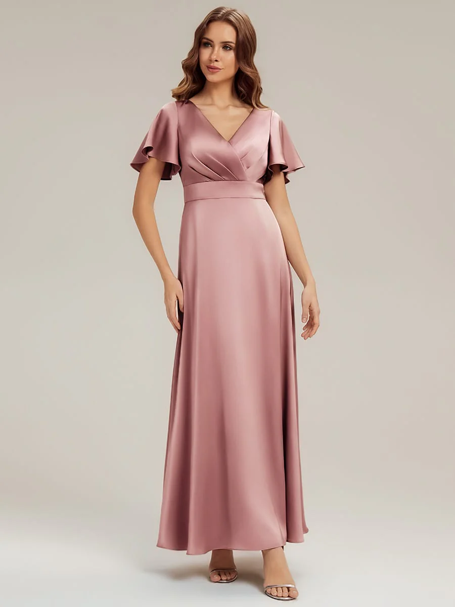Satin Ruffle Sleeve A-Line Wedding Guest Dress
