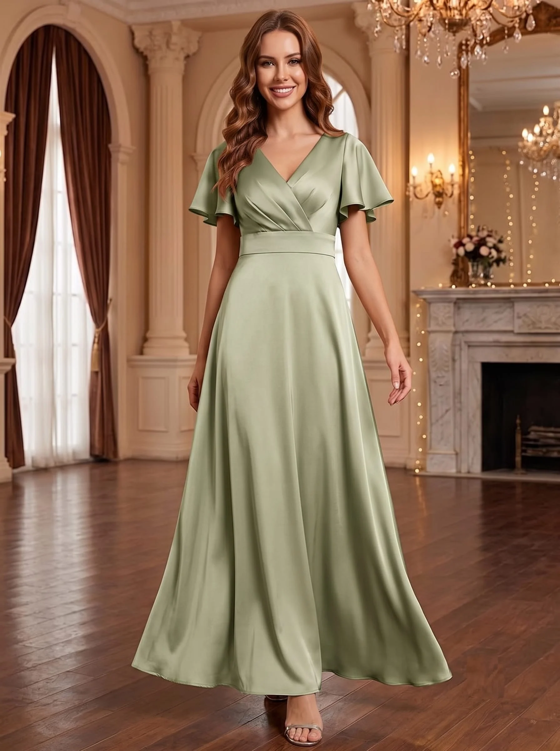 Satin Ruffle Sleeve A-Line Wedding Guest Dress - Image 15