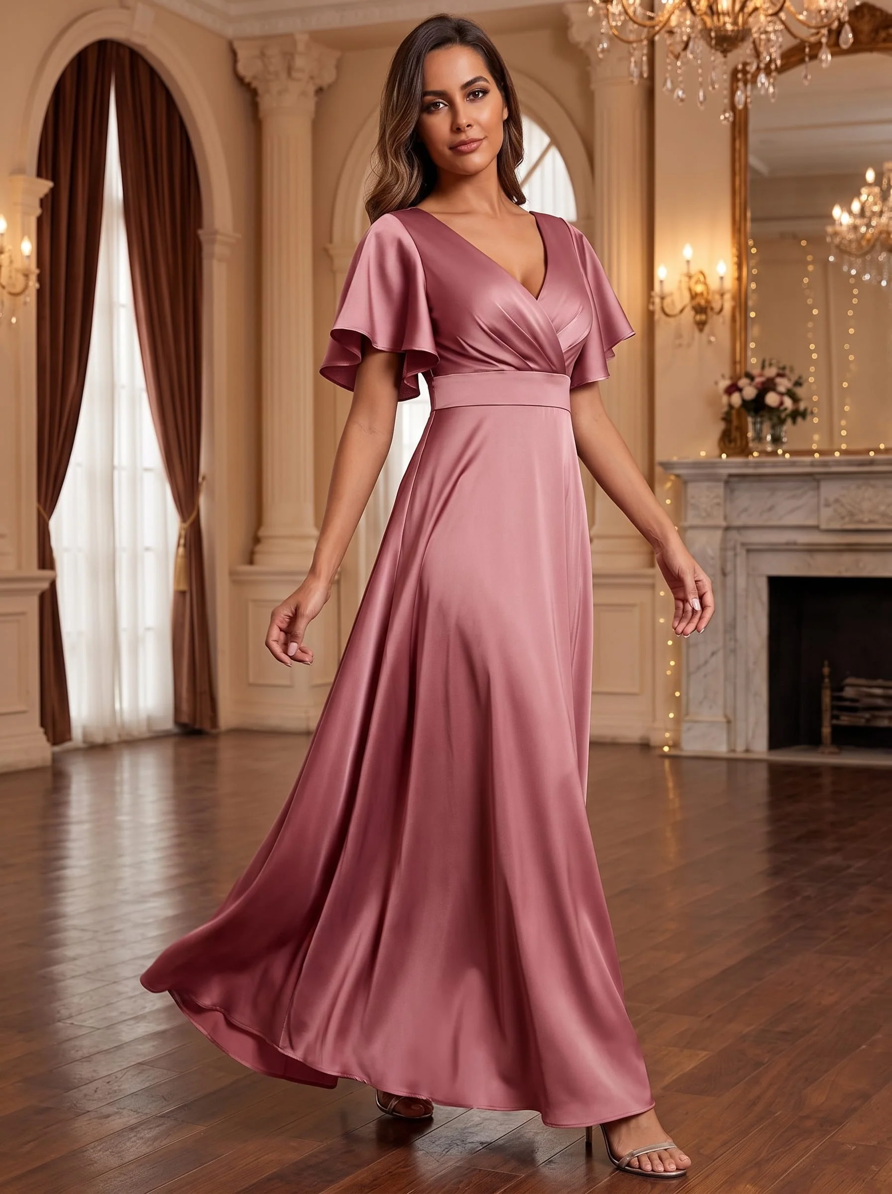 Satin Ruffle Sleeve A-Line Wedding Guest Dress - Image 3