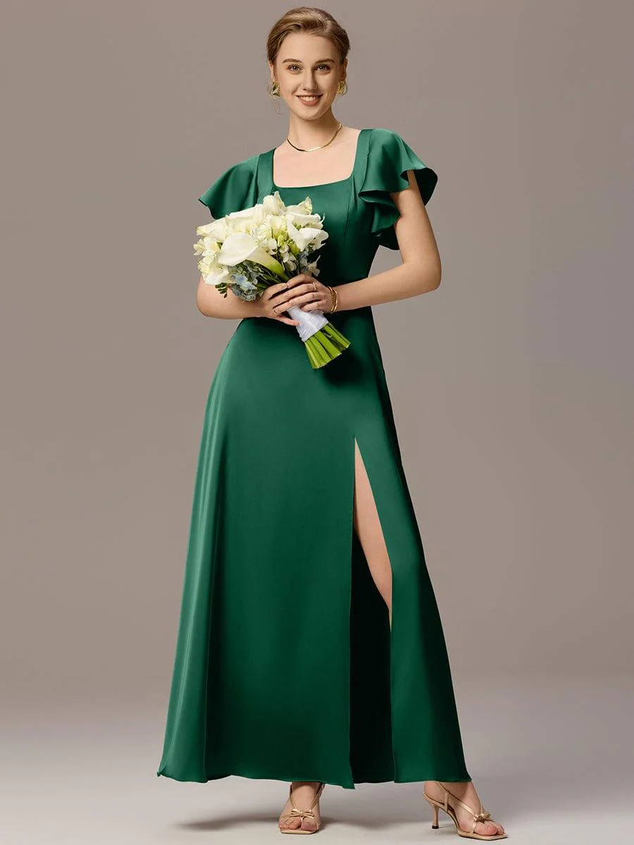 ever LIORIE|Designer Satin Square Neck Short Sleeve Ruffled Maxi Bridesmaid Dress With Pockets - Image 10