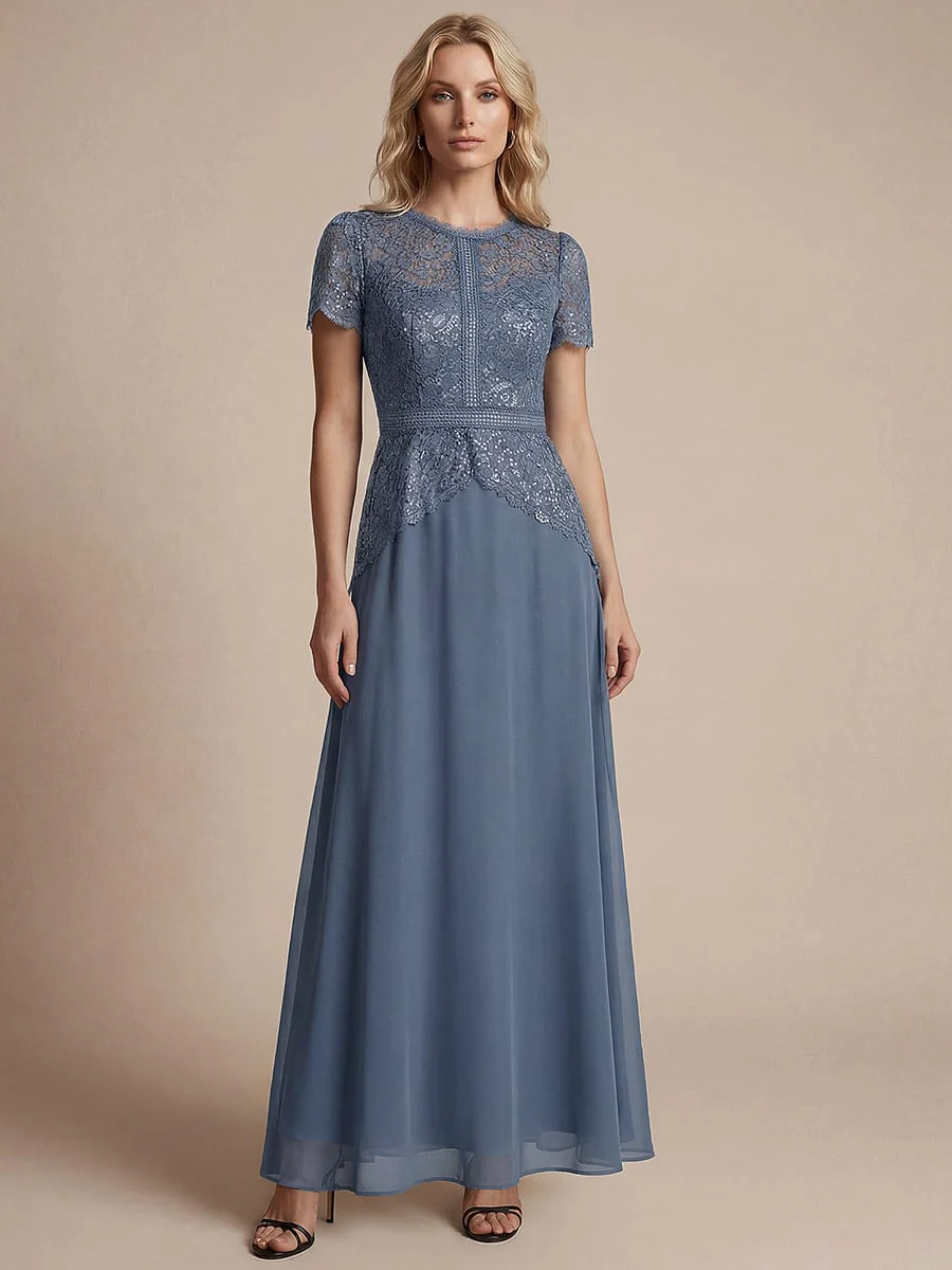 Sparkling Sequin Lace Maxi Dress with Short Sleeves Elegant Long Formal Evening Gown - Image 3