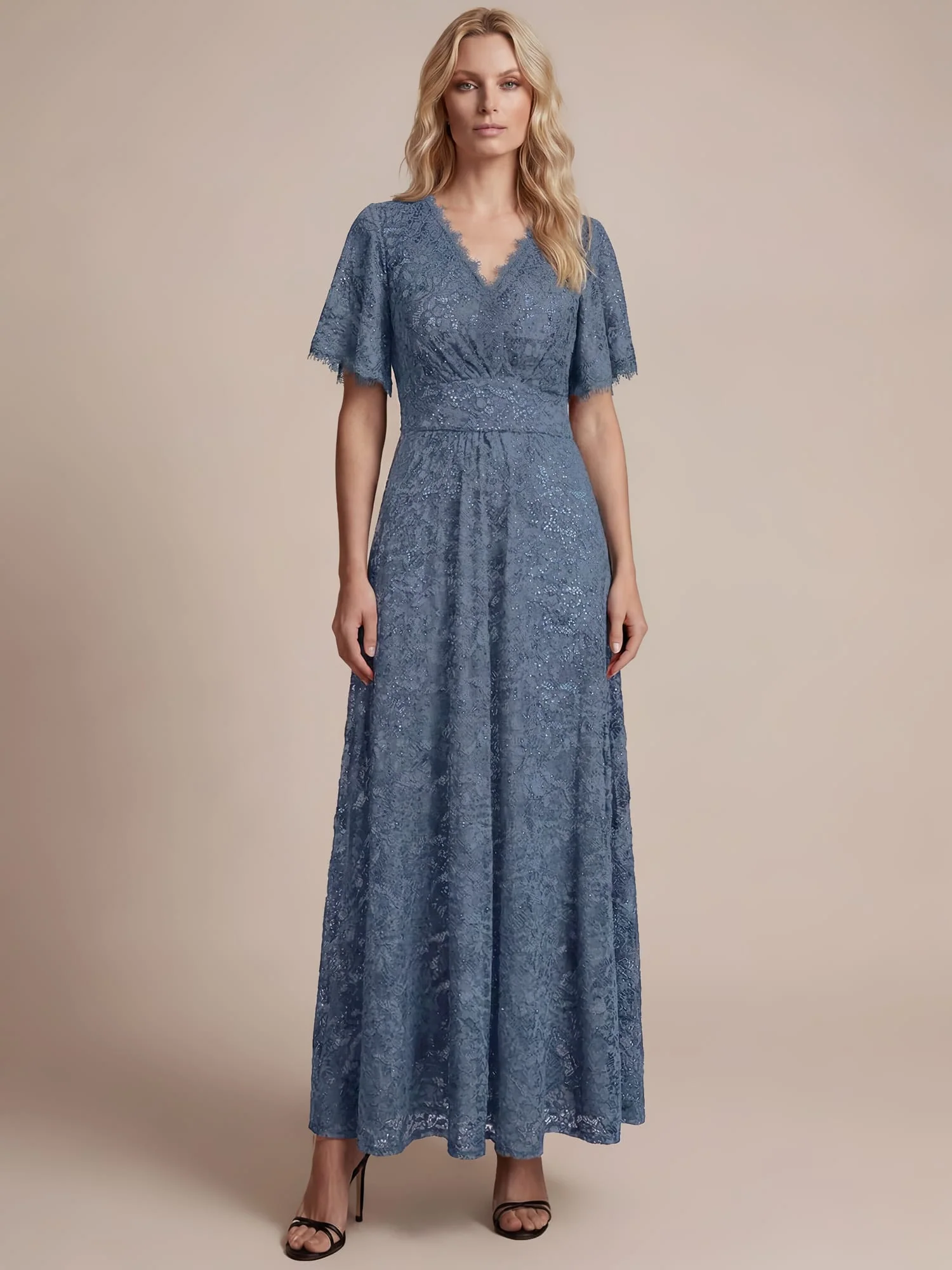 Elegant Flutter Sleeve Sequin Lace Maxi Dress V-Neck Empire Waist Evening Gown - Image 28