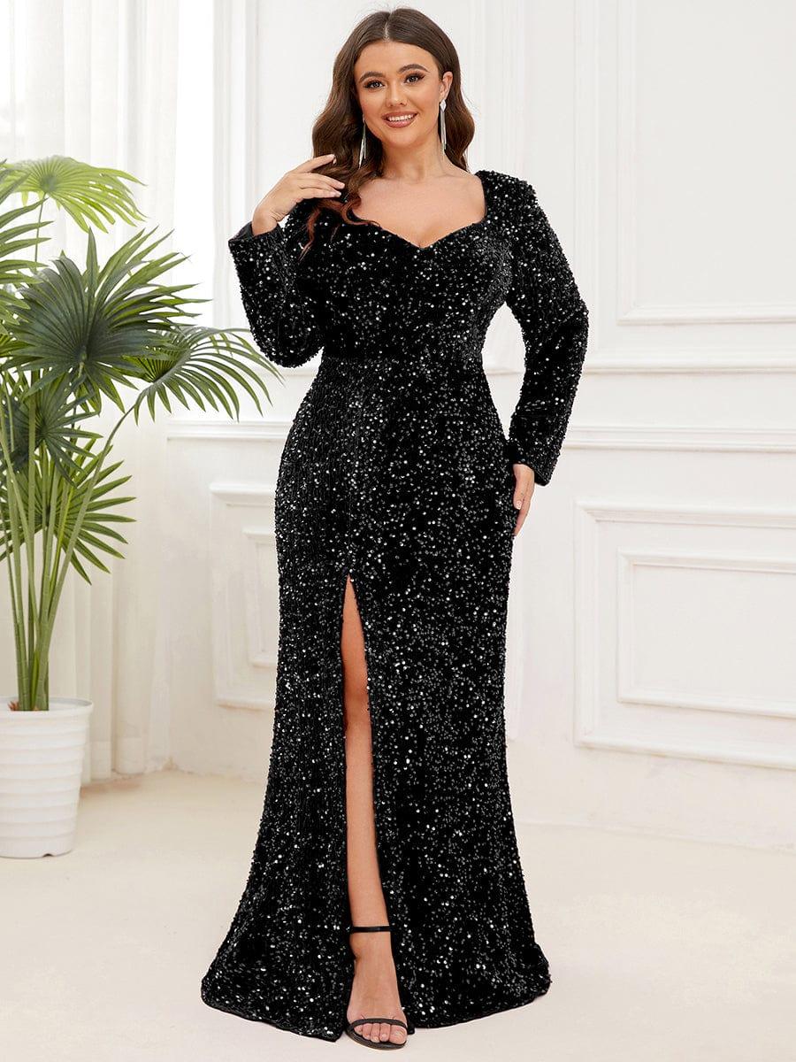 Sweetheart Long Sleeve Sequin Front Slit Bodycon Evening Dress - Image 33