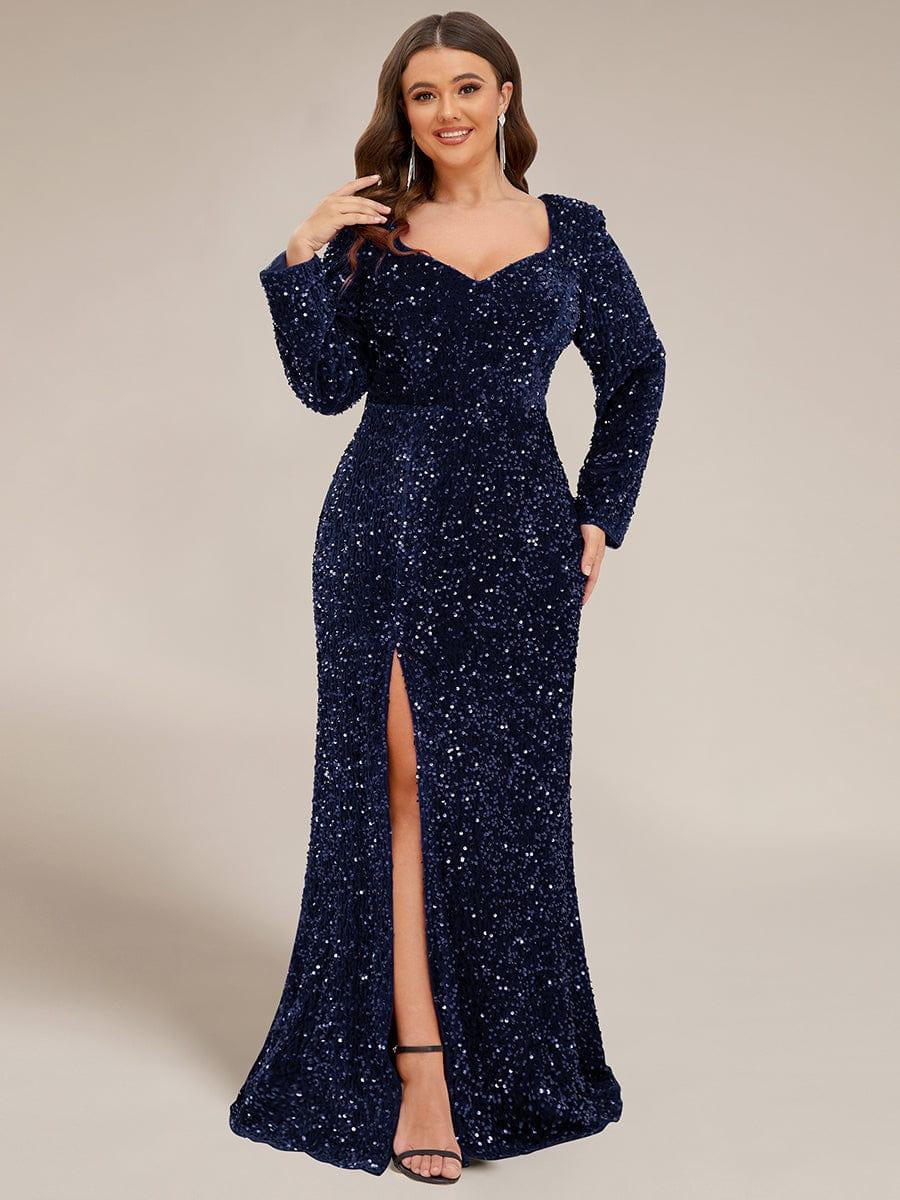 Sweetheart Long Sleeve Sequin Front Slit Bodycon Evening Dress - Image 53