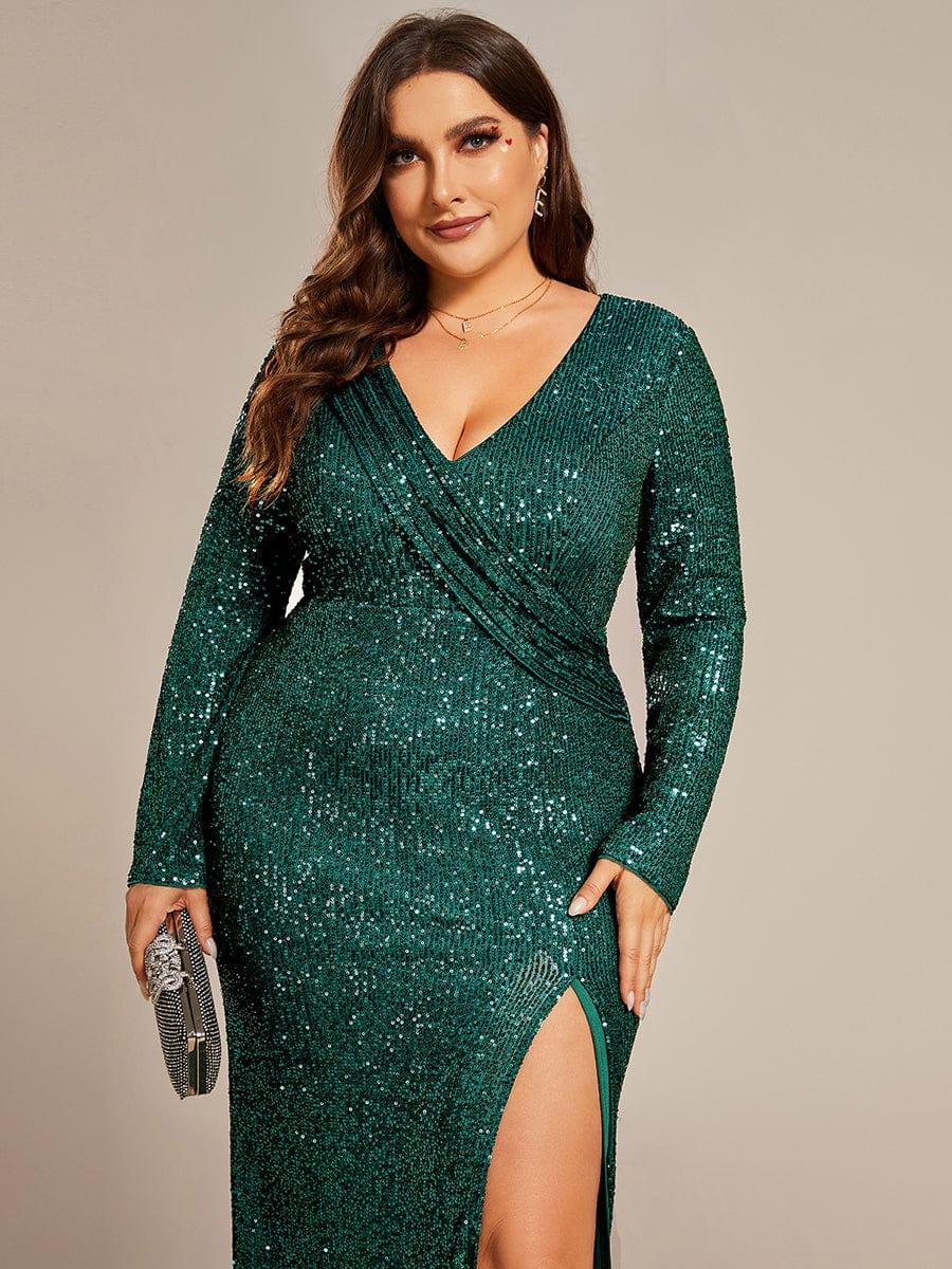 Sequin V-Neck Long Sleeves High Slit Evening Dress - Image 8